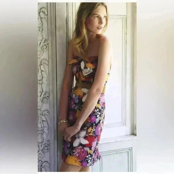 Anthropologie Black Pink Floral Strapless Bow Dress Sz 2 Woman MOULINETTE - Picture 1 of 6